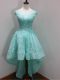High Low Zipper Bridesmaid Dress Aqua Blue for Prom and Party and Wedding Party with Beading and Lace