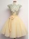 Knee Length Champagne Dama Dress Scalloped Cap Sleeves Lace Up