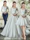 Beauteous V-neck Long Sleeves Wedding Gowns Chapel Train Lace and Belt White Taffeta