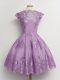 Superior Lace Bridesmaid Gown Lavender Lace Up Cap Sleeves Knee Length