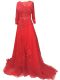 Brush Train A-line Prom Dresses Red Bateau Tulle Long Sleeves Zipper