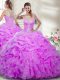 Floor Length Zipper Quinceanera Gowns Lilac for Military Ball and Sweet 16 and Quinceanera with Beading and Ruffles