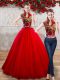 Red Organza Lace Up High-neck Sleeveless Floor Length Quinceanera Gowns Appliques