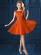 Edgy Orange Red Cap Sleeves Lace and Belt Knee Length Bridesmaids Dress
