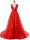 Cheap Red A-line Ruching Prom Evening Gown Backless Organza Sleeveless