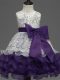 Most Popular Tea Length Zipper Child Pageant Dress White And Purple for Wedding Party with Lace and Ruffled Layers and Bowknot
