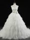 Deluxe White Wedding Gowns Wedding Party with Beading and Ruffles and Hand Made Flower Sweetheart Sleeveless Brush Train Lace Up