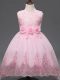 Baby Pink Ball Gowns Lace and Appliques and Bowknot and Hand Made Flower Little Girl Pageant Gowns Zipper Tulle Sleeveless High Low