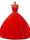 Most Popular Red Ball Gowns Beading and Lace 15th Birthday Dress Lace Up Tulle Sleeveless Floor Length
