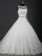 Adorable Sleeveless Lace and Belt Lace Up Wedding Dress with White Brush Train