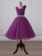 Graceful Purple Sleeveless Tea Length Beading and Hand Made Flower Zipper Pageant Gowns For Girls