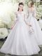 Vintage White A-line Tulle Scoop Half Sleeves Lace Floor Length Lace Up Wedding Dresses