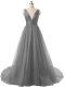 Traditional Backless Evening Dress Grey for Prom and Party and Military Ball with Ruching Brush Train