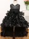 Black A-line V-neck Sleeveless Organza High Low Zipper Beading and Ruffles and Bowknot Child Pageant Dress