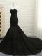 Custom Designed Sleeveless Tulle Court Train Lace Up Evening Dress in Black with Lace and Appliques