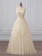 V-neck Sleeveless Evening Dress Brush Train Lace and Appliques Champagne Tulle