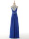 Chic Royal Blue Empire Elastic Woven Satin Halter Top Sleeveless Beading and Ruching Floor Length Zipper Dress for Prom