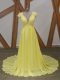 Elegant V-neck Short Sleeves Prom Evening Gown Brush Train Lace and Appliques Yellow Chiffon