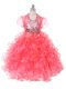 Coral Red Ball Gowns Ruffles and Sequins and Bowknot Little Girl Pageant Gowns Lace Up Organza Sleeveless Floor Length