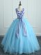 Floor Length Light Blue Quince Ball Gowns V-neck Sleeveless Lace Up