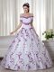Beautiful Off The Shoulder Short Sleeves Lace Up Quinceanera Gown White Organza