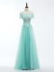 Fantastic Lace and Appliques Prom Gown Apple Green Lace Up Short Sleeves Floor Length