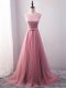 Scoop Sleeveless Tulle Homecoming Gowns Beading and Belt Brush Train Lace Up