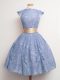 Free and Easy Blue High-neck Neckline Belt Quinceanera Court Dresses Cap Sleeves Lace Up