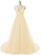 Luxury Light Yellow A-line V-neck Sleeveless Organza Brush Train Backless Ruching Prom Evening Gown