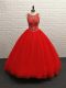 Beading Ball Gown Prom Dress Red Zipper Sleeveless Brush Train
