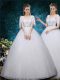 Beading and Appliques Bridal Gown White Lace Up Short Sleeves Floor Length