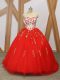 Red Lace Up Quince Ball Gowns Embroidery and Ruffled Layers Sleeveless Sweep Train
