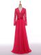 High End Hot Pink Zipper Mother of Bride Dresses Lace and Appliques and Belt Long Sleeves Floor Length