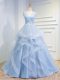 Discount Light Blue A-line V-neck Sleeveless Tulle Floor Length Brush Train Lace Up Beading and Ruffles Prom Dress