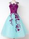 Sleeveless Tulle Knee Length Lace Up Bridesmaid Dresses in Aqua Blue with Appliques