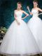 Appliques and Embroidery Wedding Gowns White Lace Up Sleeveless Floor Length
