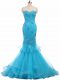 Hot Sale Tulle Sweetheart Sleeveless Brush Train Lace Up Appliques Prom Evening Gown in Aqua Blue