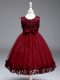 Great Burgundy Ball Gowns Scoop Sleeveless Tulle Tea Length Zipper Appliques and Bowknot Kids Formal Wear