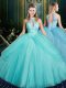 Aqua Blue Ball Gowns Halter Top Sleeveless Tulle Floor Length Lace Up Beading and Pick Ups 15th Birthday Dress