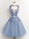 Clearance Light Blue A-line Chiffon High-neck Sleeveless Lace Knee Length Lace Up Wedding Party Dress