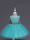 Custom Designed Lace and Bowknot Flower Girl Dresses Aqua Blue Zipper Sleeveless Knee Length