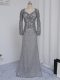 Grey Lace Zipper Mother of Bride Dresses Long Sleeves Floor Length Beading and Lace