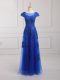 Royal Blue Short Sleeves Floor Length Beading and Lace and Appliques Lace Up Evening Dress