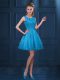 Baby Blue Scoop Neckline Lace and Ruffled Layers Bridesmaid Dress Sleeveless Zipper