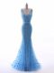 Baby Blue Sleeveless Floor Length Beading and Belt and Hand Made Flower Zipper Evening Outfits