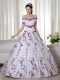 Free and Easy White Ball Gowns Embroidery Quince Ball Gowns Lace Up Organza Short Sleeves Floor Length