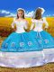 Blue And White Ball Gowns Taffeta Off The Shoulder 3 4 Length Sleeve Embroidery and Ruffles Floor Length Lace Up Teens Party Dress