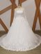 White Lace Up Scalloped Beading and Appliques Wedding Gown Organza Long Sleeves Court Train