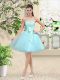 Pretty Sleeveless Knee Length Lace and Belt Lace Up Wedding Guest Dresses with Aqua Blue