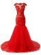 Modest Tulle Scoop Cap Sleeves Brush Train Zipper Lace and Appliques and Ruching Prom Dresses in Red